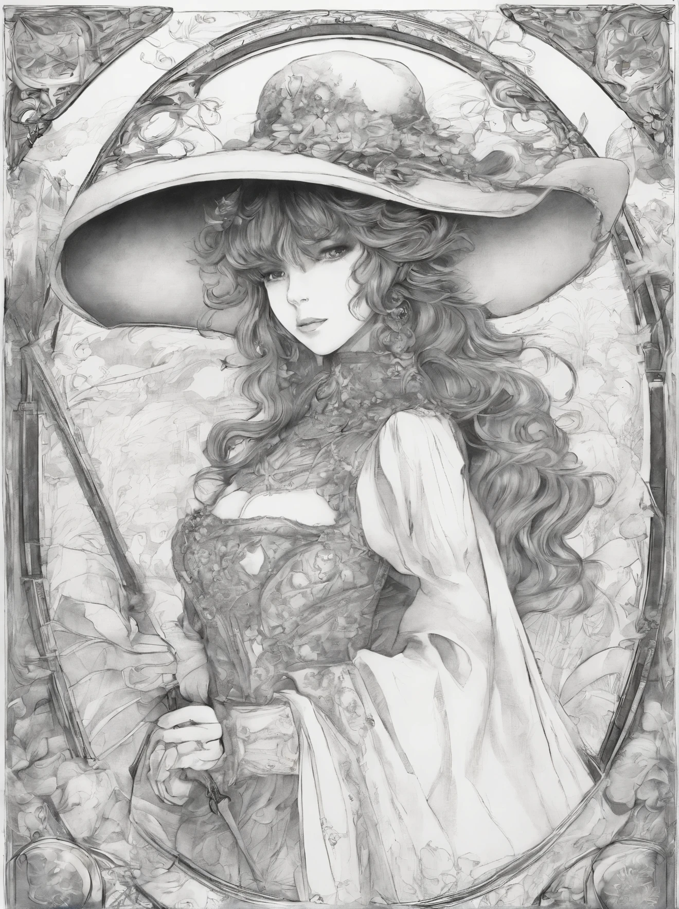 drawing of a woman in a costume with a hat and a cane, pencil and ink manga drawing, by Junpei Satoh, by Yuki Ogura, beautiful line art, pencil and ink manga, style of masamune shirow, by shirow masamune, ink manga drawing, by Hideyuki Kikuchi, highly detailed exquisite fanart