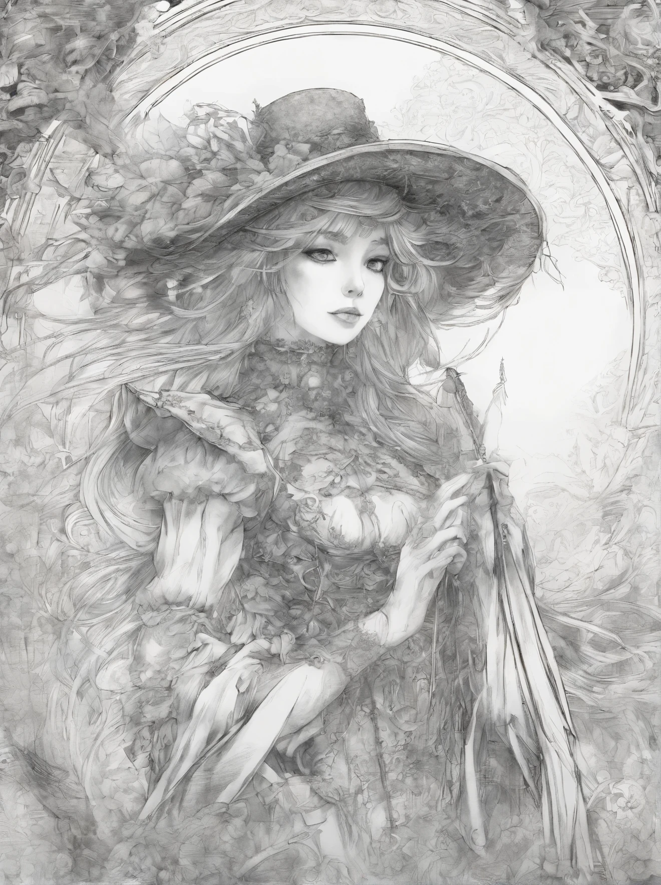 drawing of a woman in a costume with a hat and a cane, a manga drawing by Junpei Satoh, pixiv, gothic art, pencil and ink manga drawing, beautiful line art, pencil and ink manga, style of masamune shirow, by shirow masamune, ink manga drawing, highly detailed exquisite fanart, intricate manga drawing