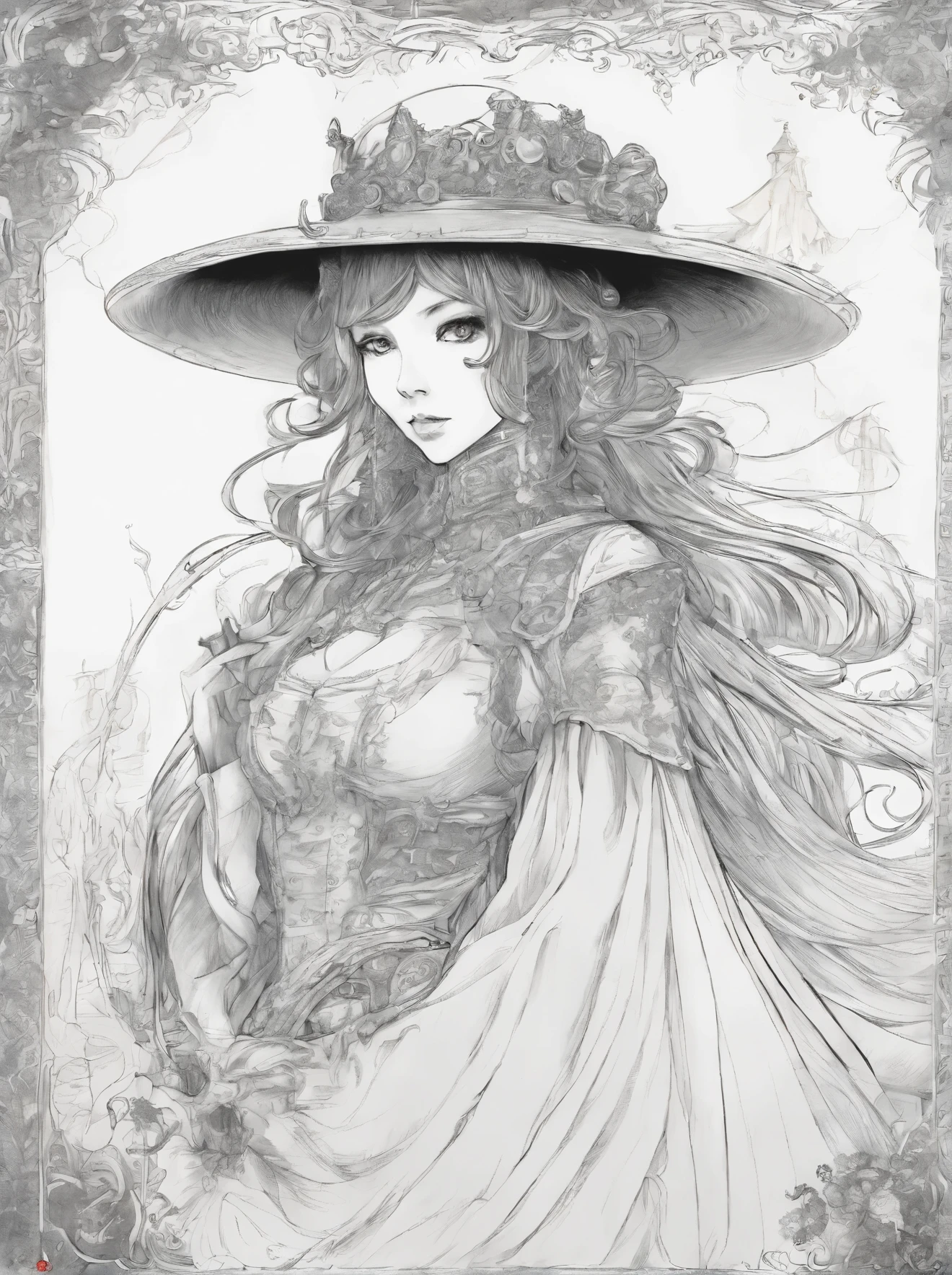 drawing of a woman in a costume with a hat and a cane, a manga drawing by Junpei Satoh, pixiv, gothic art, pencil and ink manga drawing, beautiful line art, pencil and ink manga, style of masamune shirow, by shirow masamune, ink manga drawing, highly detailed exquisite fanart, intricate manga drawing