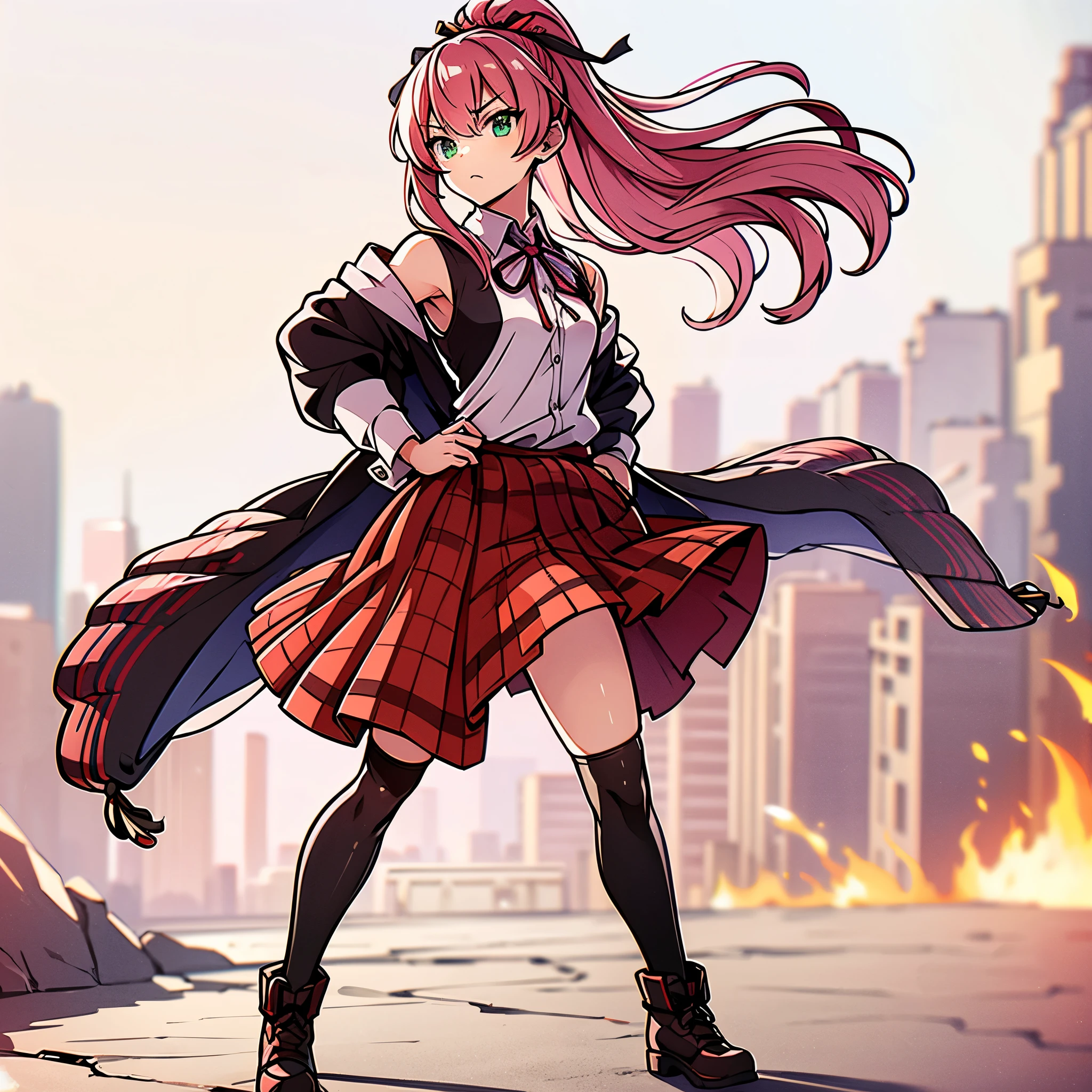 (masterpiece, highest quality), (Perfect athletic body:1.2), (Detailed Hair), Super detailed, Anime Style, alone, whole body, Cyberpunk Fire Starter Girl, Flaming fist, high boots, Digital Painting, 8K High Resolution, whole body, White Background, standing wilderness,Pink Hair、Green Eyes、skirt、Long Hair、Twin tails、shirt、shoes下、Clothes around the waist、白いshirt、Hands on hips、Looking at the viewer、格子縞のskirt、Plaid、、sleevesa rolled up、chest、襟付きshirt、ribbon、Knee-high、bangs、shoes、茶色のskirt、赤いribbon、プリーツskirt、Mouth closed、ネックribbon、Medium breast,