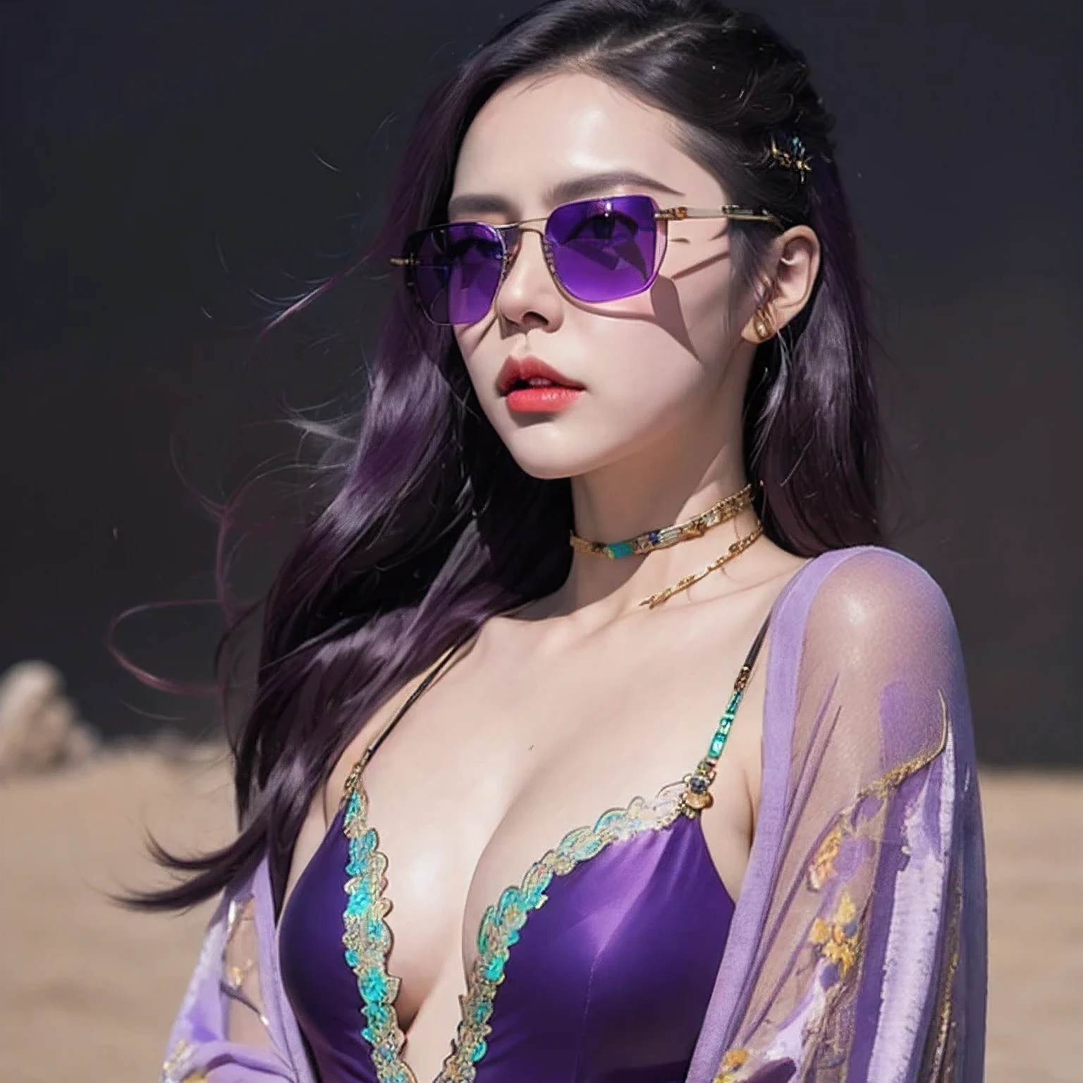 🌺 wearing a purple outfit and sunglasses with a purple choke, trending on cgstation, artwork in the style of guweiz, inspired by Yanjun Cheng, guweiz, deviantart artstation cgscosiety, 🌺 cgsociety, 3 d render character art 8 k, g 🌺 art style, inspired by Feng 🌺,sunglasses,（（Imperial Green Emerald Desert Windproof Sunglasses））🌺🌺🌺🌺🌺🌺🌺🌺🌺