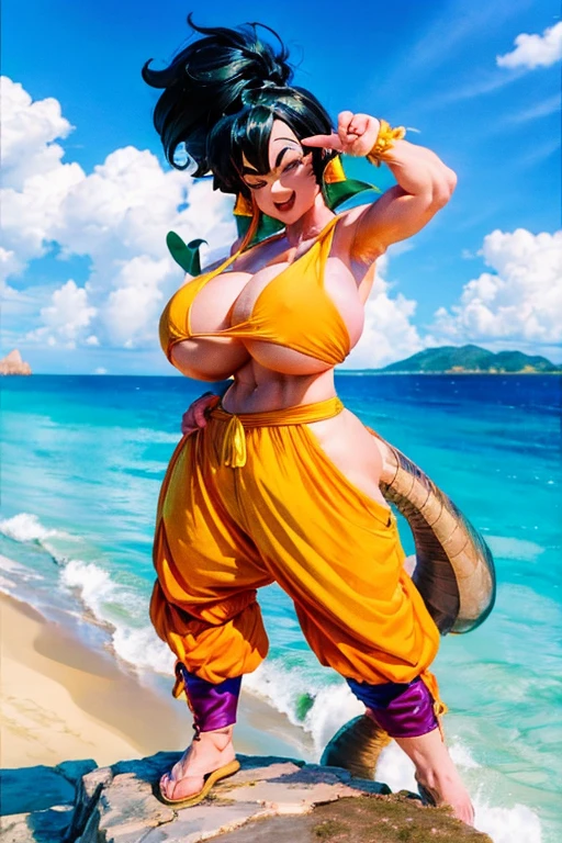 Videl from Dragon Ball a topless with a beach hat, standing on the edge of the beach making the victory sign with her right hand and her left hand on her waist, winking, boluptuous body