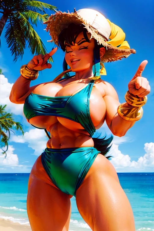 Videl from Dragon Ball a topless with a beach hat, standing on the edge of the beach making the victory sign with her right hand and her left hand on her waist, winking, boluptuous body