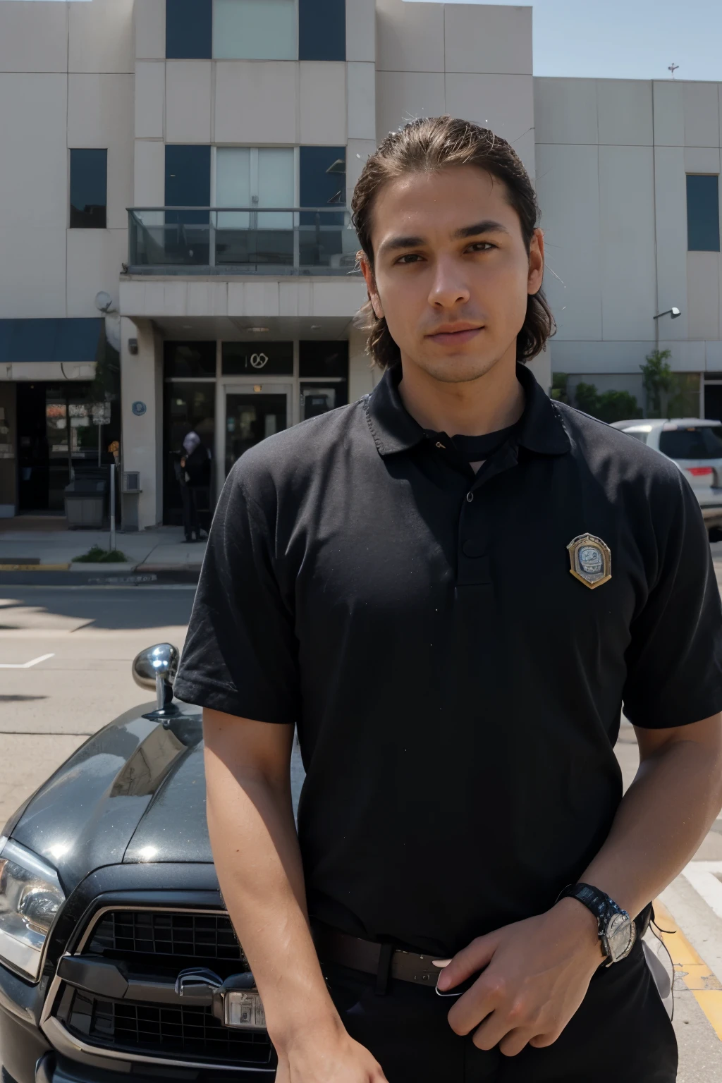 ((mejor calidad)), ((obra maestra)), (detallado), cara perfecta, businessman on the side of a tacoma truck surrounded by police