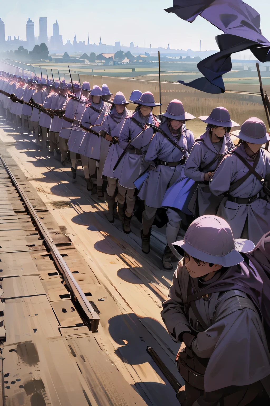 ww1 army, purple and black army, marching back to city, survivors of battle