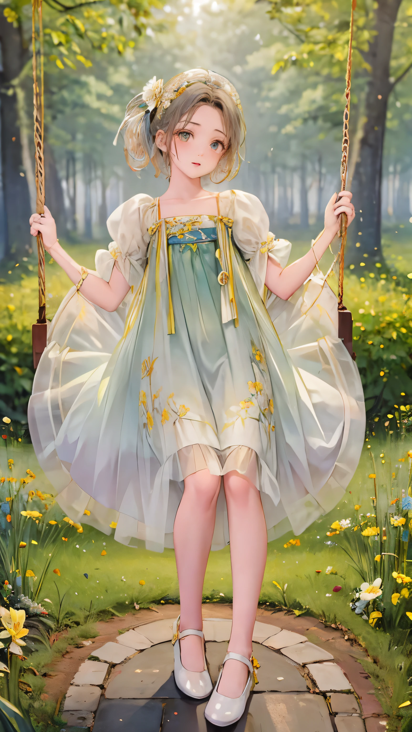 Full body shot of a beautiful 25 year old girl playing on a swing on a  forest tree, Wearing a short yellow floral swirl dress, Attractive female form, Beautiful thighs, Morning Light, Disney Pixar