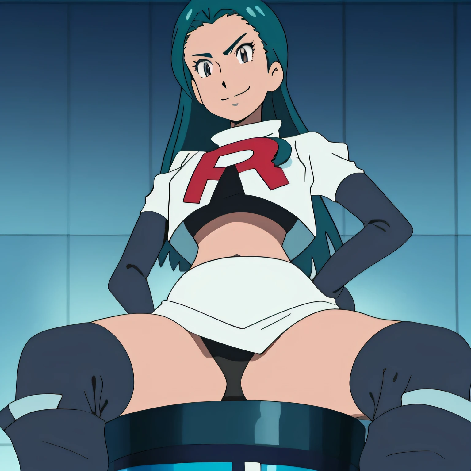 ,masterpiece,best quality,high res,high quality,8k, masterpiece,highres, team rocket uniform, red letter r, white skirt,white crop top,black thigh-high boots, black elbow gloves,seductive smile, looking down at viewer, hands on hips, cowboy shot, zettai ryouiki,sitting on toilet.spread legs,from below, black panties,detailed facial features, highly detailed, 8k, photorealistic, vibrant colors, dramatic lighting, cinematic composition,saep5