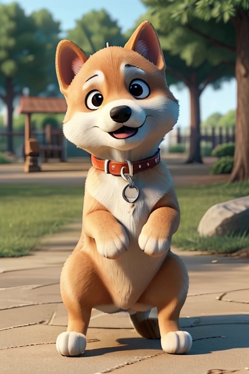 A detailed image of a Shiba Inu playing at the park during noon, taken with a cinematic camera, using portrait with cinematic lighting --ar 9:16 --s 1000 --v 6