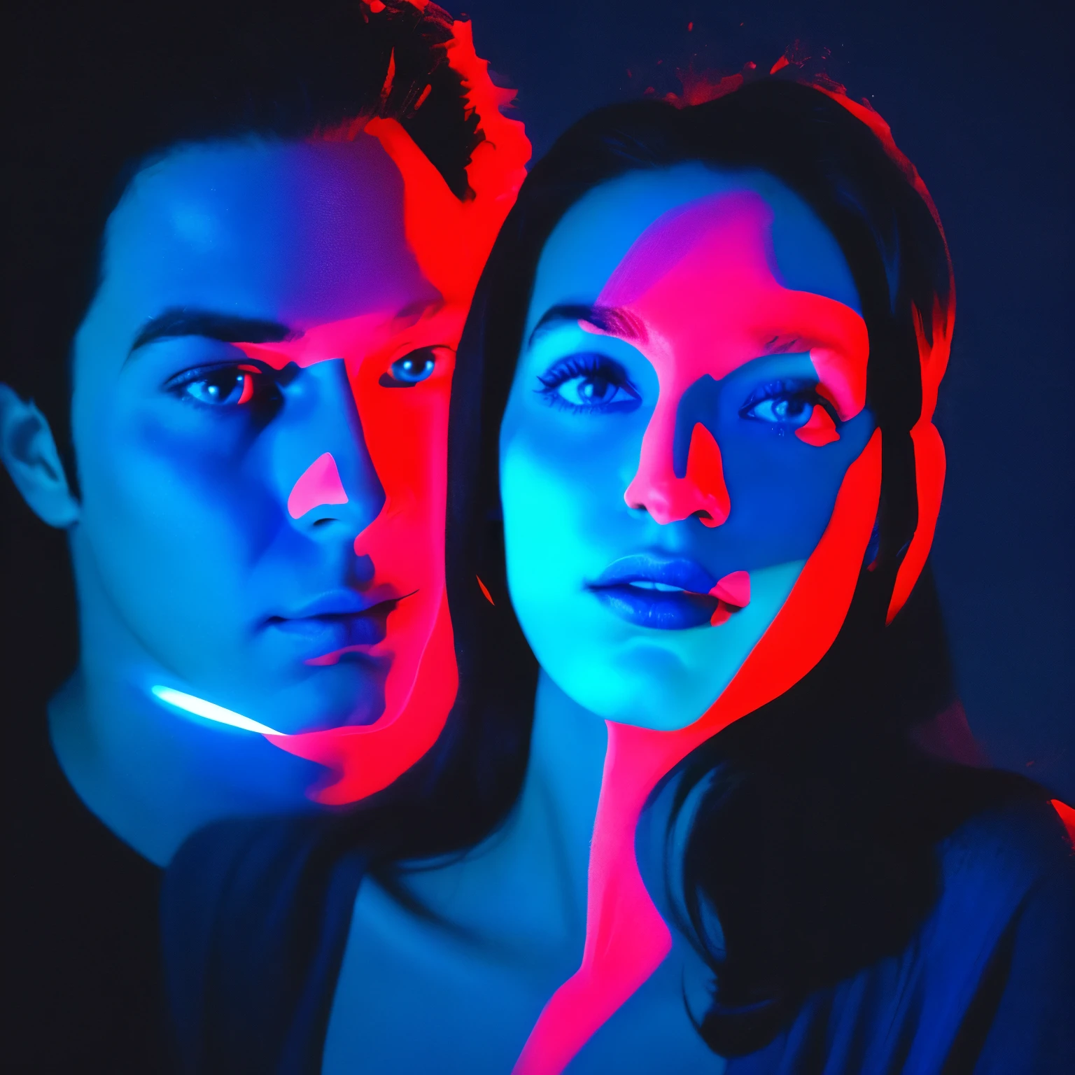 arafed image of a woman with a man's face in the background, an album cover by Giorgio Cavallon, tumblr, digital art, glowing face, blue and red lighting, glowing blue face, red and blue lighting, red and blue back light, blue and red lights, red and blue neon, blue and red tones, light falling on face, face illuminated