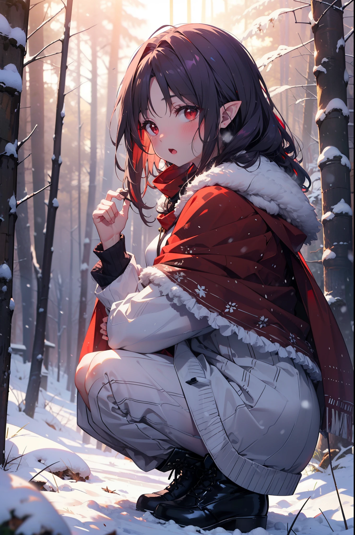 yuukikonno, Yuki Konno, hair band, Long Hair, Pointy Ears, Purple Hair, (Red eyes:1.5), (Small breasts:1.2),blush,White Breath, Open your mouth,snow, Bonfire, Outdoor, boots, snowing, From the side, wood, suitcase, Cape, Blurred, forest, nature, Brown eyes, , Squat, Mouth closed, ,Cape, winter, Written boundary depth, Black shoes, red Cape
break looking at viewer, Upper Body, whole body,
break Outdoor, forest, nature,
break (masterpiece:1.2), highest quality, High resolution, unity 8k wallpaper, (shape:0.8), (Fine and beautiful eyes:1.6), Highly detailed face, Perfect lighting, Highly detailed CG, (Perfect hands, Perfect Anatomy),