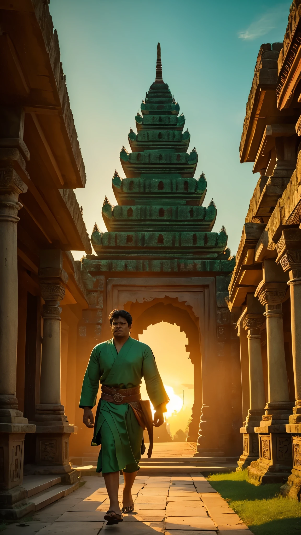 Green Hulk walking through the streets of ancient Bagan, Ultra-realistic, sunset, detailed, Bagan Temples, Cinematic,
