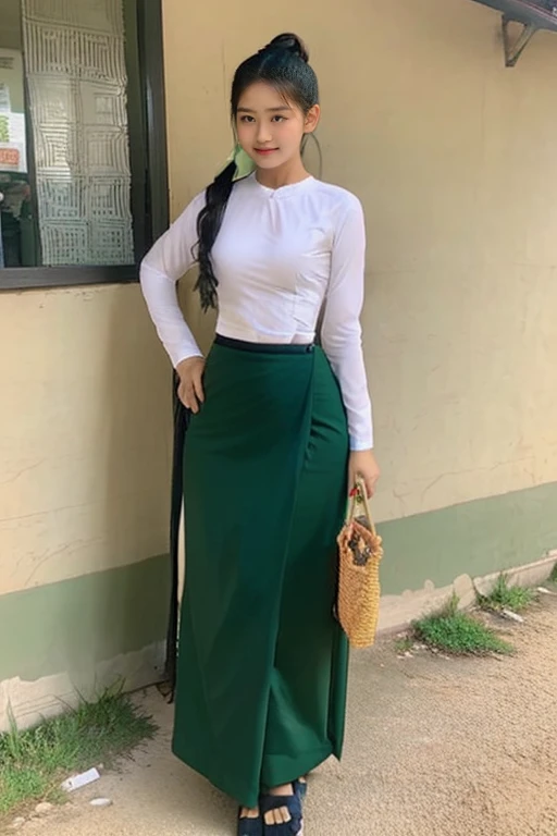 A school teacher is 30years old.Tall, thin, big hips, big breasts, black hair, small lips, brown eyes, attractive, K.Top=white Burmese blouse,With long sleeves,Buttoned at the side.Bottom=(Dark green) long skirt.
Footwear=female Burmese sandals,The hair is knotted bun.