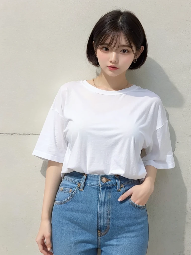 wearing a red skirt、wearing a white long-sleeved T-shirt、The shirt is sheer、Ample breasts