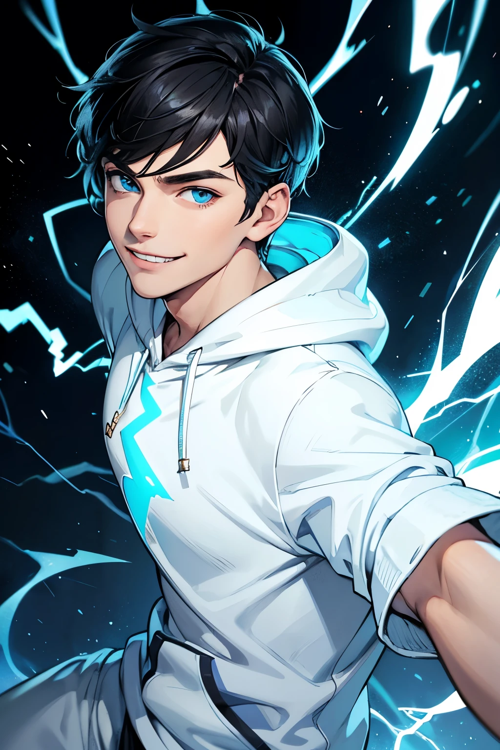 Short Black haired man with light blue eyes having lightning powers. Wearing white and gold hoodie. He is smiling