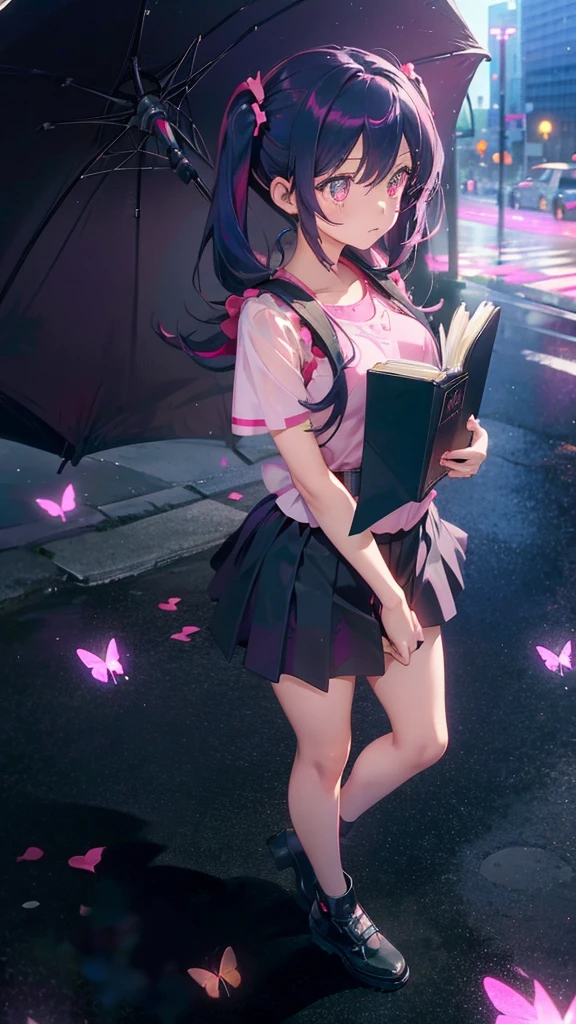 1 anime girl, alone,Black petals flutter, A mysteriously shining butterfly.city,bright pink hair,red gem eyes,long twin tails,thin legs,very clear,Best quality After the Rain,city,Miku,beautiful morning,Asahi,close up face,whole body,Sad expression,holding a book in hand
