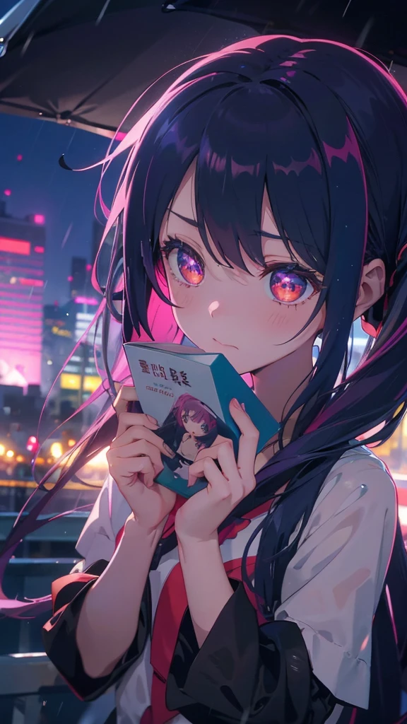 1 anime girl, alone,Black petals flutter, A mysteriously shining butterfly.city,bright pink hair,red gem eyes,long twin tails,thin legs,very clear,Best quality After the Rain,city,Miku,beautiful morning,Asahi,close up face,whole body,Sad expression,holding a book in hand