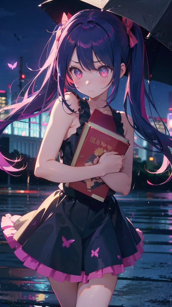 1 anime girl, alone,Black petals flutter, A mysteriously shining butterfly.city,bright pink hair,red gem eyes,long twin tails,thin legs,very clear,Best quality After the Rain,city,Miku,beautiful morning,Asahi,close up face,whole body,Sad expression,holding a book in hand