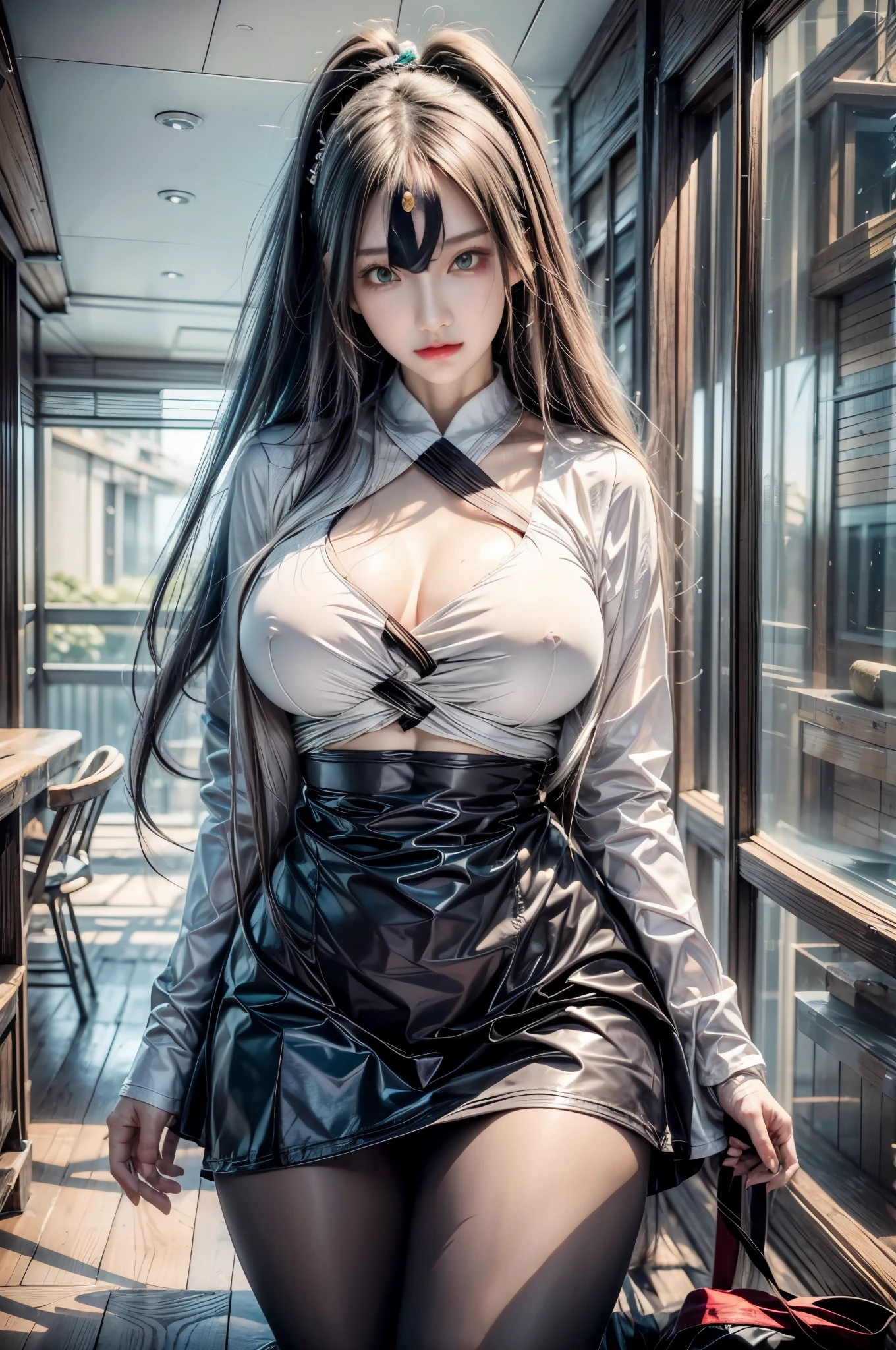 realistic 1 girl, Kaguya Otsutsuki, per HD, 12k, beautiful breasts, looking at camera, long black hair, dark green crop top, dark green skirt, face details, person details, body details, clothes details, hair details, body details, details body, breasts, vagina details, clothes, eye details, sweat details, water details, pose (knees bent and legs wide apart) chest full body,,