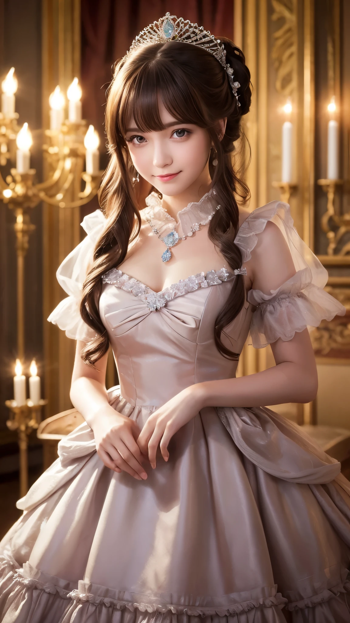 Dramatic composition, Court-style dress, Royal, nice, カスケードFrills, Frills, bow, Crystal Chandelier, Roman Curly Hairstyles, to place, Drill-like double ponytail, Looking at the camera, bangs, Maximalism, Palace-like background, Delicate depiction of hair and eyes, Princess Dress, nice skirts, Flowers in hands, smile, Starry Eyes, Cinematic Light, Extremely detailed, High resolution, Happy girl, Very long hair, diamond, broken diamond, Crystal Fragment, Particles of light