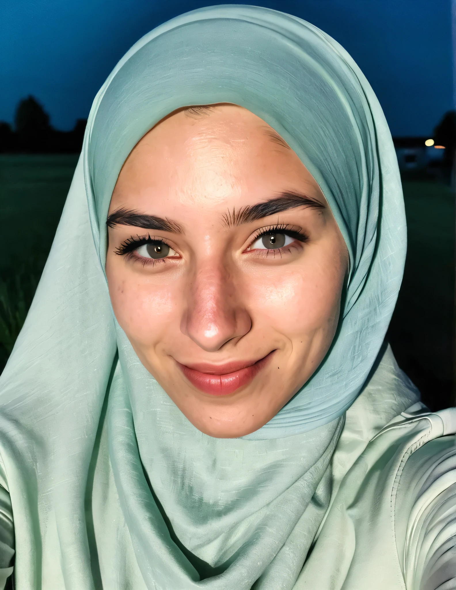 instagram selfie , a 20 year old gorgeous woman, photorealistic, best quality, hyper detailed, beautiful woman, selfie photo, upper body, solo, wearing hijab, outdoors, (night), netherlands, real life Amstradam, (cheerful, happy), hot weather, clear sky, analog style, looking at viewer, skin texture, film grain, close up, ultra high res, best shadow, RAW, instagram LUT