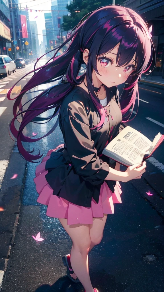 1 anime girl, alone,Black petals flutter, A mysteriously shining butterfly.city,bright pink hair,red gem eyes,long twin tails,thin legs,very clear,Best quality After the Rain,city,Miku,beautiful morning,Asahi,close up face,whole body,Sad expression,holding a book in hand
