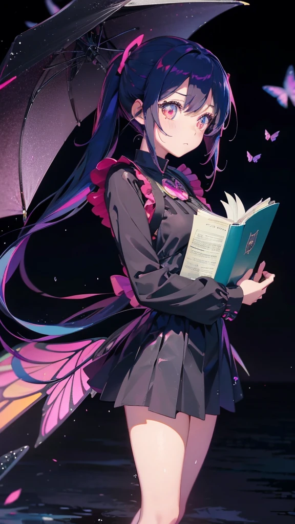 1 anime girl, alone,Black petals flutter, A mysteriously shining butterfly.city,bright pink hair,red gem eyes,long twin tails,thin legs,very clear,Best quality After the Rain,city,Miku,beautiful morning,Asahi,close up face,whole body,Sad expression,holding a book in hand