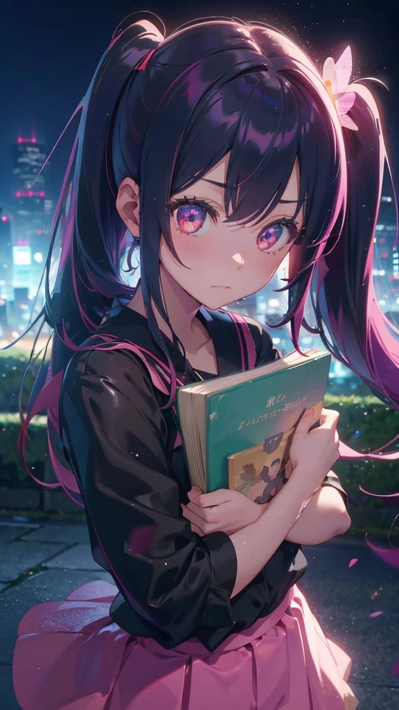 1 anime girl, alone,Black petals flutter, A mysteriously shining butterfly.city,bright pink hair,red gem eyes,long twin tails,thin legs,very clear,Best quality After the Rain,city,Miku,beautiful morning,Asahi,close up face,whole body,Sad expression,holding a book in hand