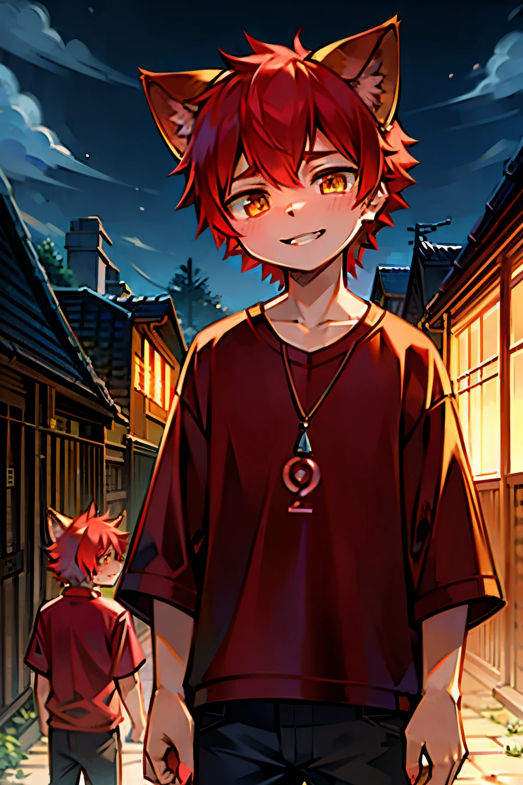 16 years old、boy、Red hair、Has red cat ears、Yellow right eye、Purple left eye、Cat Eyes、Modern clothing、Grinning、Cat&#39;s meow pose、mysterious、Moody person、
Gentle and calm、My pace、Face is human