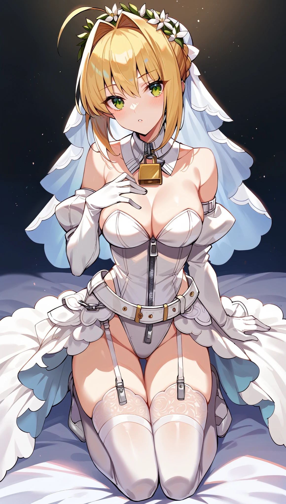score_9, score_8_up, score_7_up, score_6_up, source anime,nero claudius \(bride\) \(fate\), nero claudius \(bride\) \(second ascension\) \(fate\), 1girl,masterpiece, best quality, highres, aanero, ahoge, head wreath. bridal veil, green eyes, detached collar, chain, padlock, bare shoulders, strapless, white leotard, white dress, zipper, detached sleeves, white gloves, white belt, garter straps, white thighhighs, garter belt, kneeling, hand on own chest,