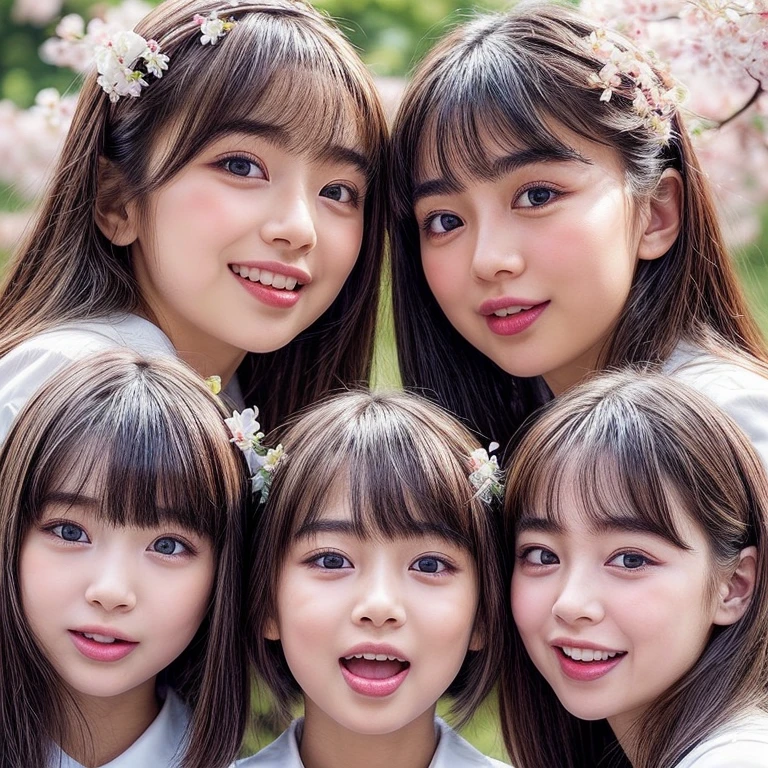 Best_Quality, (masterpiece:1.2) of Hi-Res photo, (realistic and photorealistic with touch of rawness:1.37), (Panoramic group photo:1.6), (((SchoolGirls Surrounding the camera facing upward))), (Filled with many Faces), (NOGIZAKA face variations:1.4), { Looking down at the camera | (Kissing face to face) }, (((close:1.4, Face closeup from below:1.4))), (((Sky background) with CherryBlossoms)) . BREAK Extremely Detailed KAWAII face variations, captivating gaze, elaborate detailed Eyes with (sparkling highlights:1.2), long eyelashes、Glossy RED Lips with beautiful details, Coquettish tongue, Rosy cheeks, Glistening ivory skin . { (Dynamic joyful expressions) | (:D) | (Kissing) | Tongue out | baby hair | Updos | OKAPPA }, Childish .
