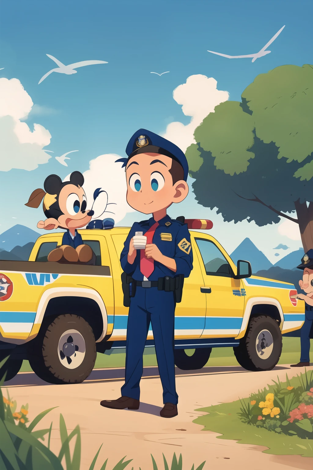 (estilo portada de Disney) businessman on the side of a military green Tacoma truck surrounded by police officers 