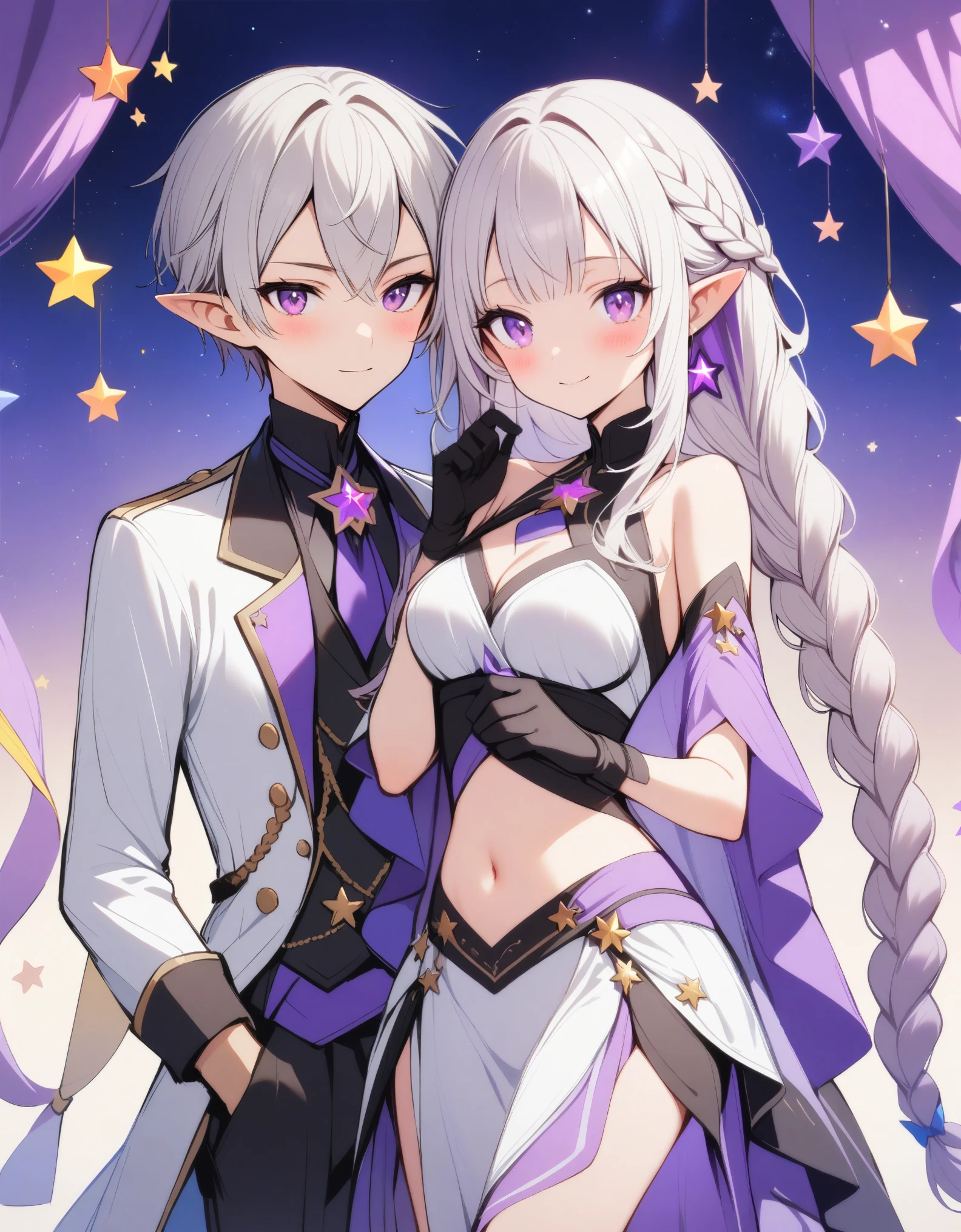 1boy,1girl,black gloves,whit hair,braid,braided ponytail,gloves,long hair,navel,pointy ears,purple eyes,single braid,star \(symbol\),very long hair，Rich and bright colors