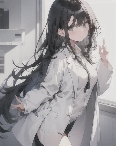 One Girl　cute　Large lab coat　Long Black Hair　Lori　Thighs　delicate　Short　White skin　Inside the Laboratory