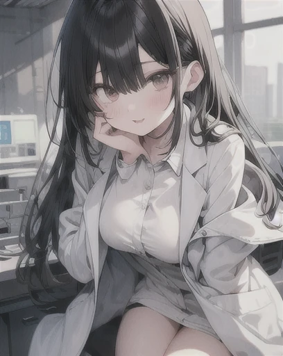 One Girl cute Large lab coat Long Black Hair Lori Thighs delicate Short White skin Inside the Laboratory