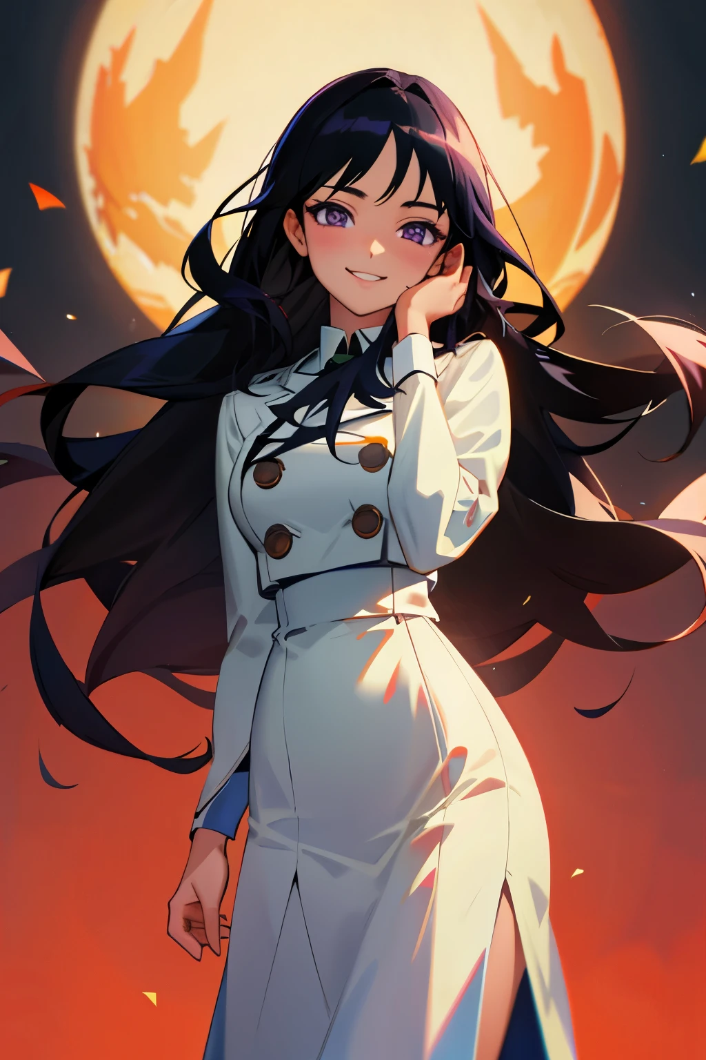 (masterpiece), ((sfw)), best quality, expressive eyes, perfect face, , (1girl,, young adult, beautiful,), solo, black long hair, purple eyes BREAK (fair skin,), cowboy shot, smile, white long dress BREAK double breasted trench BREAK, soft smile, :)