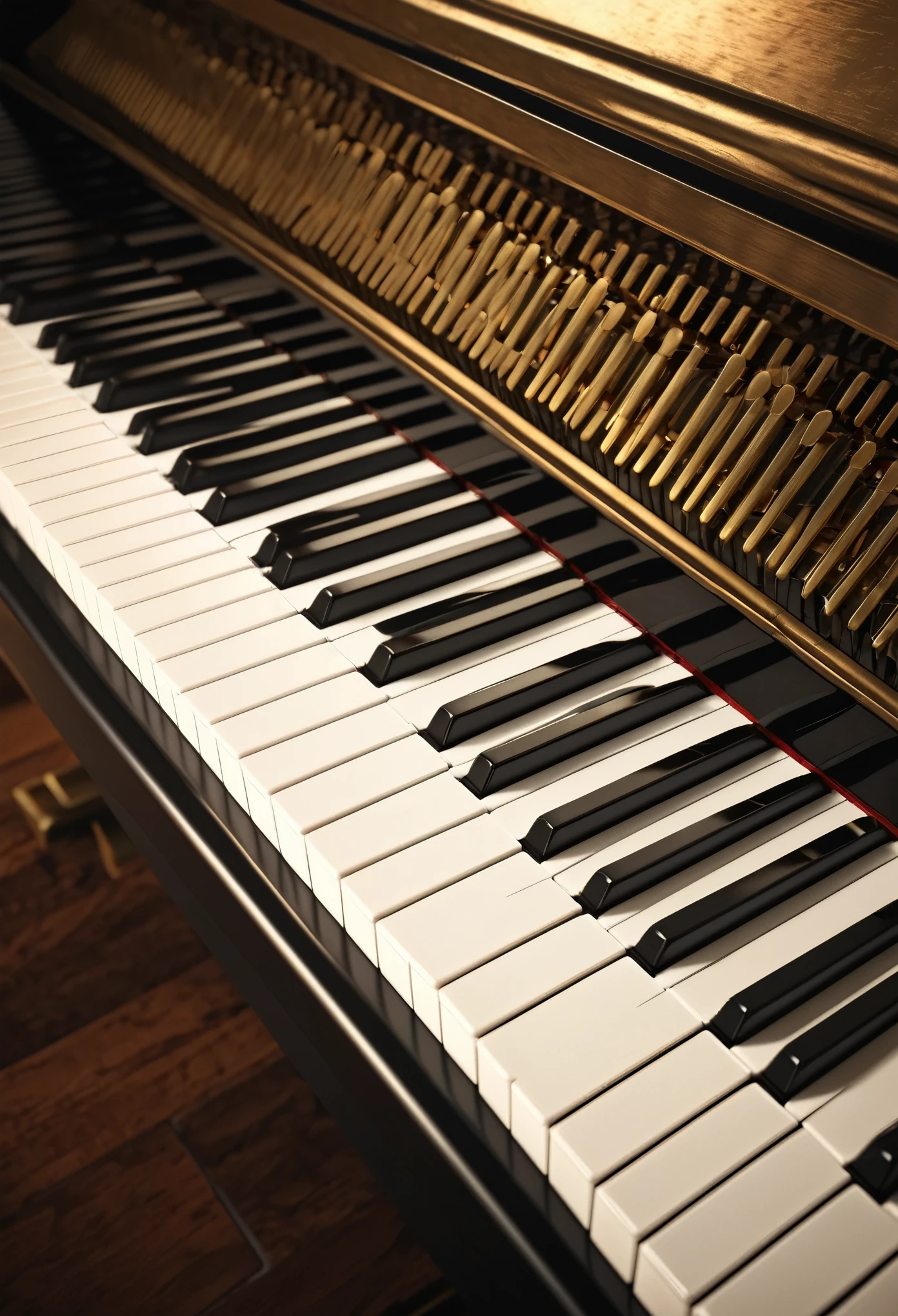 a piano keyboard in perspective, close-up view, beautiful detailed keys, intricate details, shiny black and white keys, dramatic lighting, moody atmosphere, warm color tones, cinematic, photorealistic, 8k, masterpiece, ultra-detailed, HDR, physically-based rendering