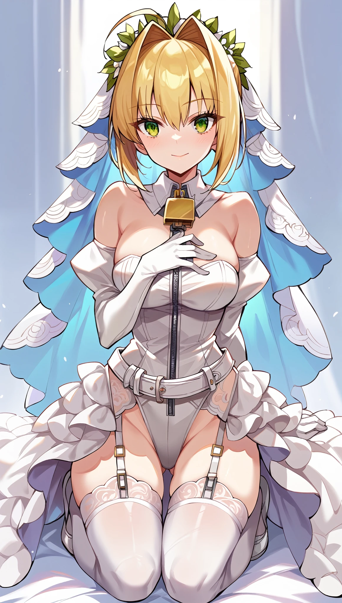 score_9, score_8_up, score_7_up, score_6_up, source anime,nero claudius \(bride\) \(fate\), nero claudius \(bride\) \(second ascension\) \(fate\), 1girl,masterpiece, best quality, highres, aanero, ahoge, head wreath. bridal veil, green eyes, detached collar, chain, padlock, bare shoulders, strapless, white leotard, white dress, zipper, detached sleeves, white gloves, white belt, garter straps, white thighhighs, garter belt, kneeling, hand on own chest,