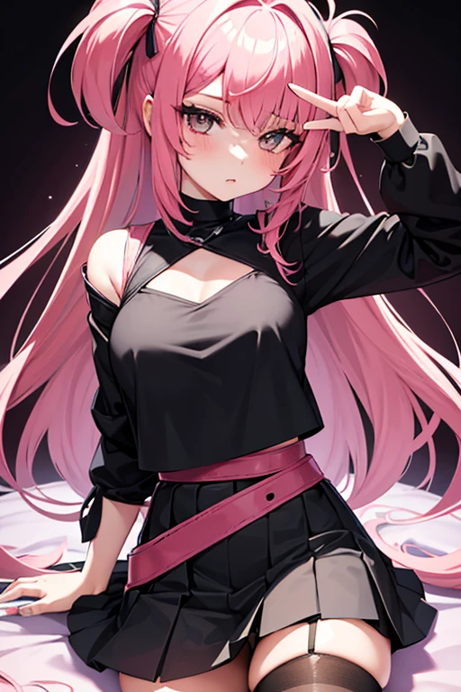 Girl with pink hair, wearing a black top with a sweetheart cutout in the middle. She wears a black pleated miniskirt with white stripes and black stockings.