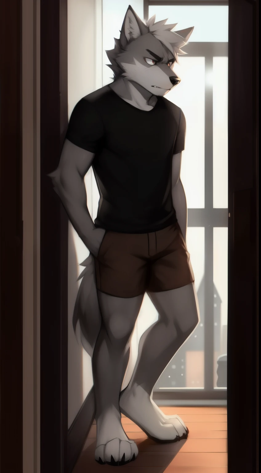 by zackary911, zackary911, wolf, anthro, ((gray skin)), 1man of 28 years, badly faced, frightening, expression of anger and seriousness, solo, background inside a house, black shirt, standing, perfectly detailed eyes, extremely detailed body, clock on arm, perfectly detailed paws, black nose, perfectly detailed hands, brown shorts up to the knee long, barefoot, muscular