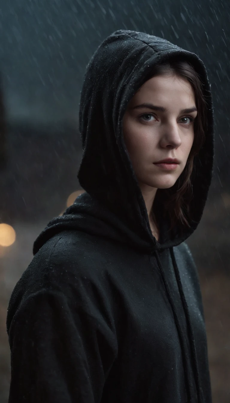 A 20-year-old girl, murderous, with dark hair and piercing eyes, wears a simple black hood that partially covers her face. She is in a dark environment during a rainy night, with raindrops running down her face. His posture is firm and determined, with his shoulders slightly tilted forward, indicating readiness for action. The lighting of the scene highlights the details of his serious and focused expression, while the dark atmosphere highlights his mysterious and lethal aura.