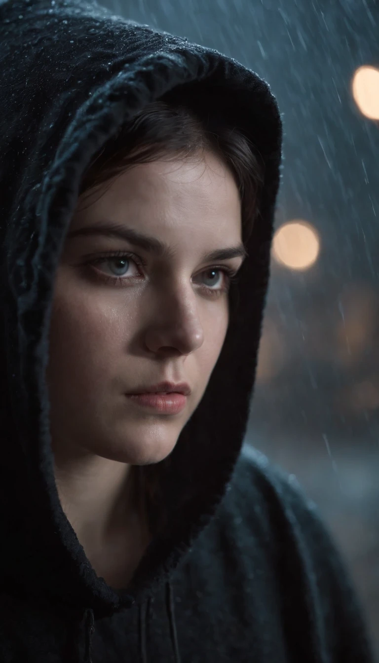 A 20-year-old girl, murderous, with dark hair and piercing eyes, wears a simple black hood that partially covers her face. She is in a dark environment during a rainy night, with raindrops running down her face. His posture is firm and determined, with his shoulders slightly tilted forward, indicating readiness for action. The lighting of the scene highlights the details of his serious and focused expression, while the dark atmosphere highlights his mysterious and lethal aura.