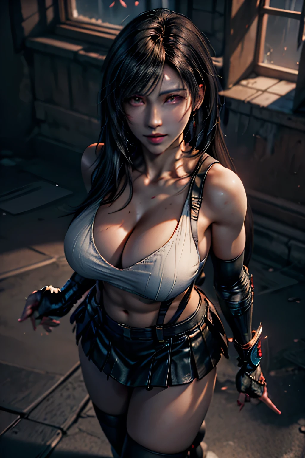  (8k, best quality, masterpiece:1,2), (realistic, photo-realistic:1,37), top quality, masterpiece, a beautiful woman, beautiful and tight body, tight clothes, cleavage, a little tattoo on the chest, a charming smile with dimples Tifa Lockheart long black hair, wearing a black leather pleeted mini skirt and suspenders, full body portrait, thick thighs, toned body,breasts, life like, high definition, high resolution, dynamic pose, delicate face, vibrant eyes, long hair, expressive hair, purple eyes, shy, blush, parted lips, heavy breathing, sparkle, god rays, super detail, high quality, anatomically correct, textured skin, best quality,full body portrait, guweiz on artstation pixiv, photo realism, ultra high detail, rich detail, sensual expression, resolution 4098x2160, 8k white haired deity,cinematic lighting, glowing light, god rays, ray tracing, reflection light, backlighting, blending, drop shadow, 360 view, UHD, masterpiece, ccurate, anatomically correct, super detail, high details, high quality, award winning, best quality, highres, 16k
, ((looking up)), (big boobs), (naked boobs), ((viewer looking down)) sexy in a flower park,
                          