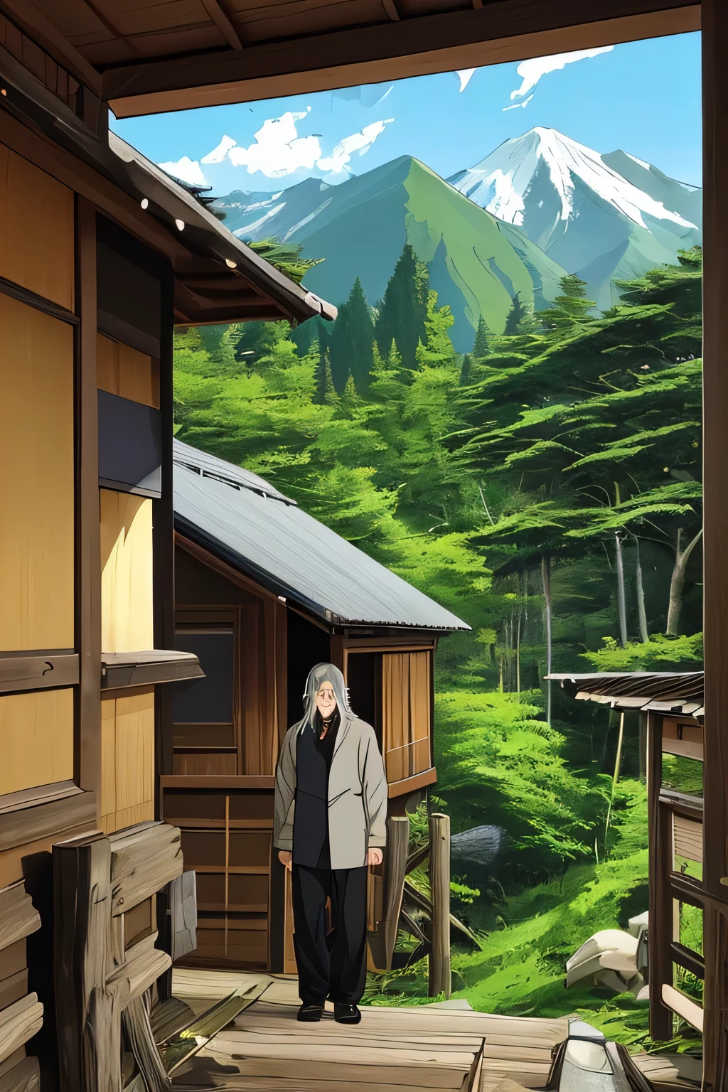 Anime Style、30-year-old male、A hut in the background、Long Hair、retired military、Mountain、forest