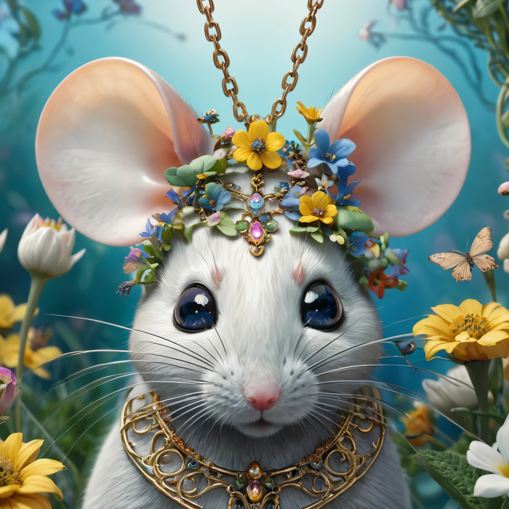 Head close-up，mouse，Eyes are very delicate，necklace，（（（a garden with many flowers））， （（Intricate details））， （（Surrealism））（8K）