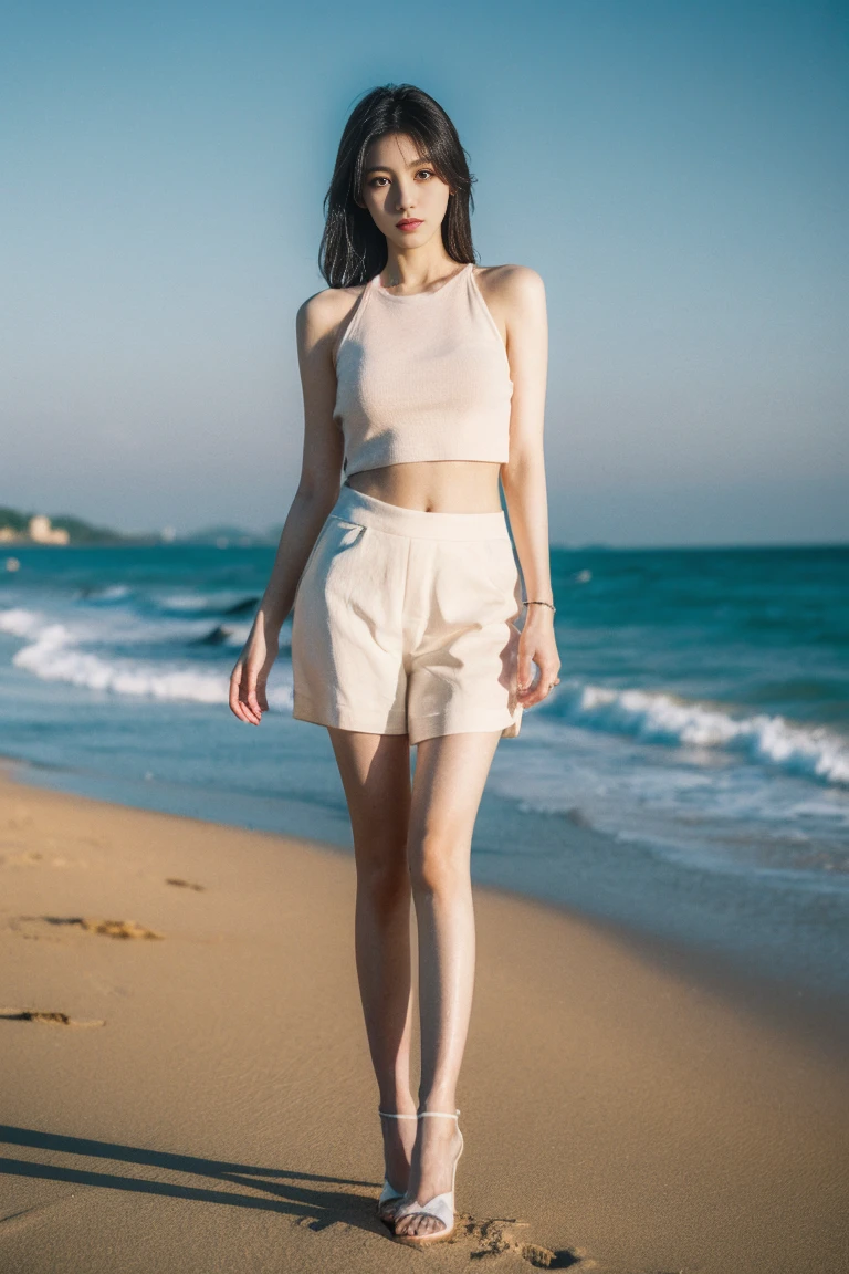On the beach,A woman,whole body,Perfect standing posture,Looking at the camera,Silk top with white,High heel,Fantasy style,Oriental aesthetic,CG concept painting,8k,Best quality,Highly detailed,masterpiece,hdr