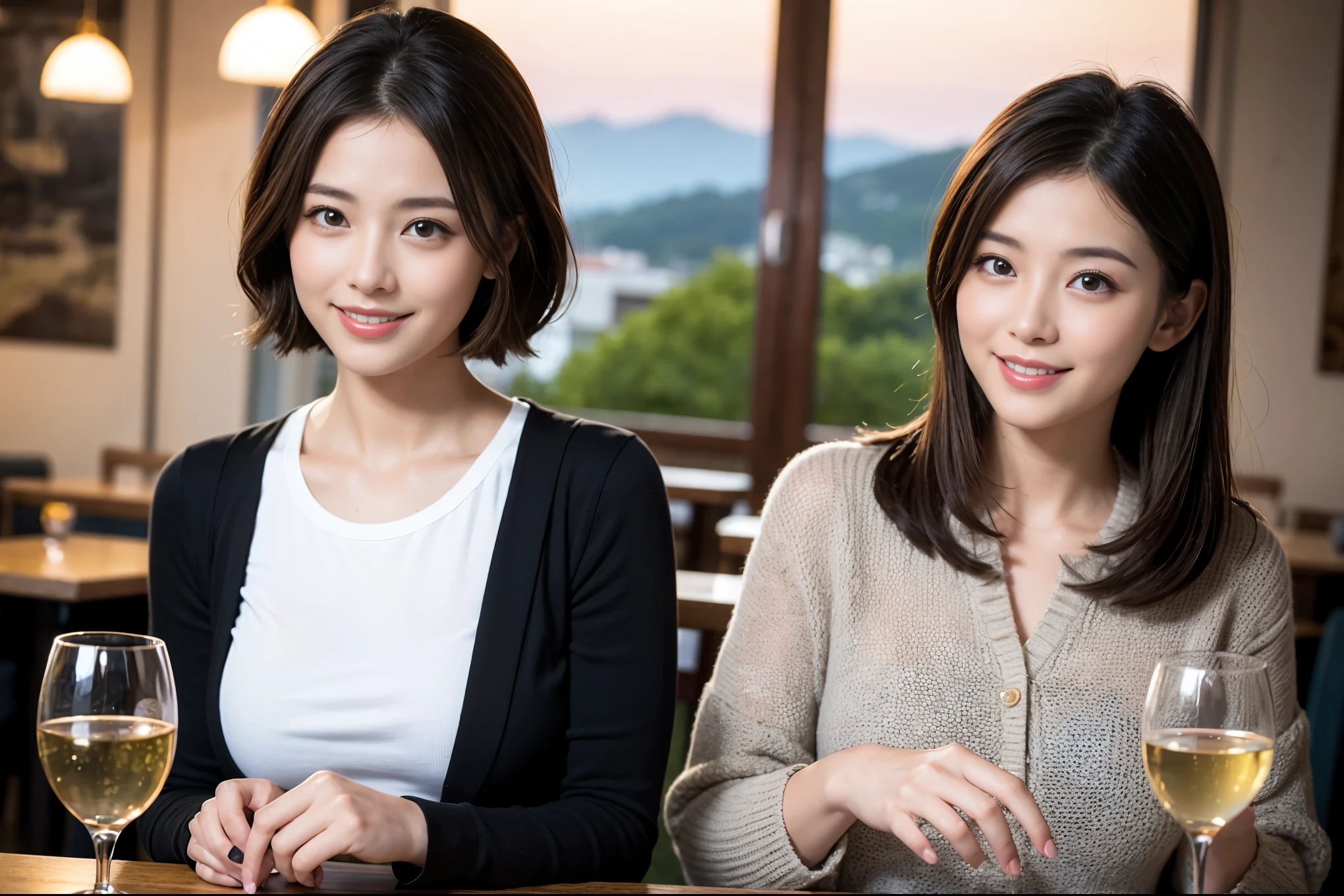 ((highest quality、8k、masterpiece:1.3))、1 male、1 female、Couple、Spouse、Satomi Ishihara-like beautiful couple、The body is slim、((Bob Hale、Straight hair:1.2)), (Realistic, Intricate details:1.2), Wine glass on the table、Shine light on your face、 Amazing view of the sunset sky and clouds、Amazing mountain views、A bright smile、The wonderfulness of smile、Bright image、The beauty of wine, Beautiful Face, blue eyes, The light shines on your face, Blushing, short hair,Bright Face、 (43 years old), 39 years old, red wine 、Appetizers、Italian food、Wine bottle、Champagne、sparkling wine、Two beauties、Brown Hair、Shortcuts、Long sleeve shirt、dress、Pretty Woman 1, (Slim face), (The body is slim), (Brown Hair), (Shortcuts), cheeks turn a little red,Attractive beauty、restaurant, In a prominent place (From the waist up) Nova Frog Style, actress, model, Upper Body, White wine, slim, wine glass, A wine glass placed in the center, smile, (smile: 1.15), Beautiful fine grain, Depth f/2,saturation, High Contrast, Strong light and shadow,Moist Body:1.5、3D texture、Delicate eyes、Brown Hair、The hair is very shiny、