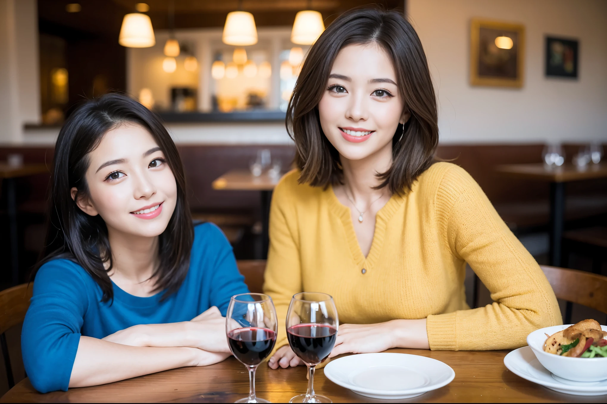 ((highest quality、8k、masterpiece:1.3))、1 male、1 female、Couple、Spouse、Satomi Ishihara-like beautiful couple、The body is slim、((Bob Hale、Straight hair:1.2)), (Realistic, Intricate details:1.2), Wine glass on the table、Shine light on your face、 Amazing view of the sunset sky and clouds、Amazing mountain views、A bright smile、The wonderfulness of smile、Bright image、The beauty of wine, Beautiful Face, blue eyes, The light shines on your face, Blushing, short hair,Bright Face、 (43 years old), 39 years old, red wine 、Appetizers、Italian food、Wine bottle、Champagne、sparkling wine、Two beauties、Brown Hair、Shortcuts、Long sleeve shirt、dress、Pretty Woman 1, (Slim face), (The body is slim), (Brown Hair), (Shortcuts), cheeks turn a little red,Attractive beauty、restaurant, In a prominent place (From the waist up) Nova Frog Style, actress, model, Upper Body, White wine, slim, wine glass, A wine glass placed in the center, smile, (smile: 1.15), Beautiful fine grain, Depth f/2,saturation, High Contrast, Strong light and shadow,Moist Body:1.5、3D texture、Delicate eyes、Brown Hair、The hair is very shiny、