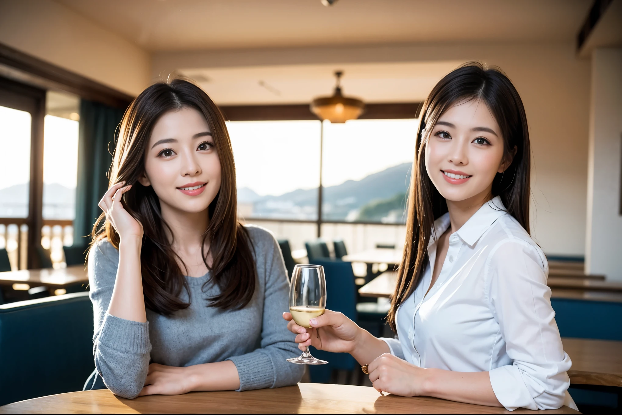 ((highest quality、8k、masterpiece:1.3))、1 male、1 female、Couple、Spouse、Satomi Ishihara-like beautiful couple、The body is slim、((Bob Hale、Straight hair:1.2)), (Realistic, Intricate details:1.2), Wine glass on the table、Shine light on your face、 Amazing view of the sunset sky and clouds、Amazing mountain views、A bright smile、The wonderfulness of smile、Bright image、The beauty of wine, Beautiful Face, blue eyes, The light shines on your face, Blushing, short hair,Bright Face、 (43 years old), 39 years old, red wine 、Appetizers、Italian food、Wine bottle、Champagne、sparkling wine、Two beauties、Brown Hair、Shortcuts、Long sleeve shirt、dress、Pretty Woman 1, (Slim face), (The body is slim), (Brown Hair), (Shortcuts), cheeks turn a little red,Attractive beauty、restaurant, In a prominent place (From the waist up) Nova Frog Style, actress, model, Upper Body, White wine, slim, wine glass, A wine glass placed in the center, smile, (smile: 1.15), Beautiful fine grain, Depth f/2,saturation, High Contrast, Strong light and shadow,Moist Body:1.5、3D texture、Delicate eyes、Brown Hair、The hair is very shiny、