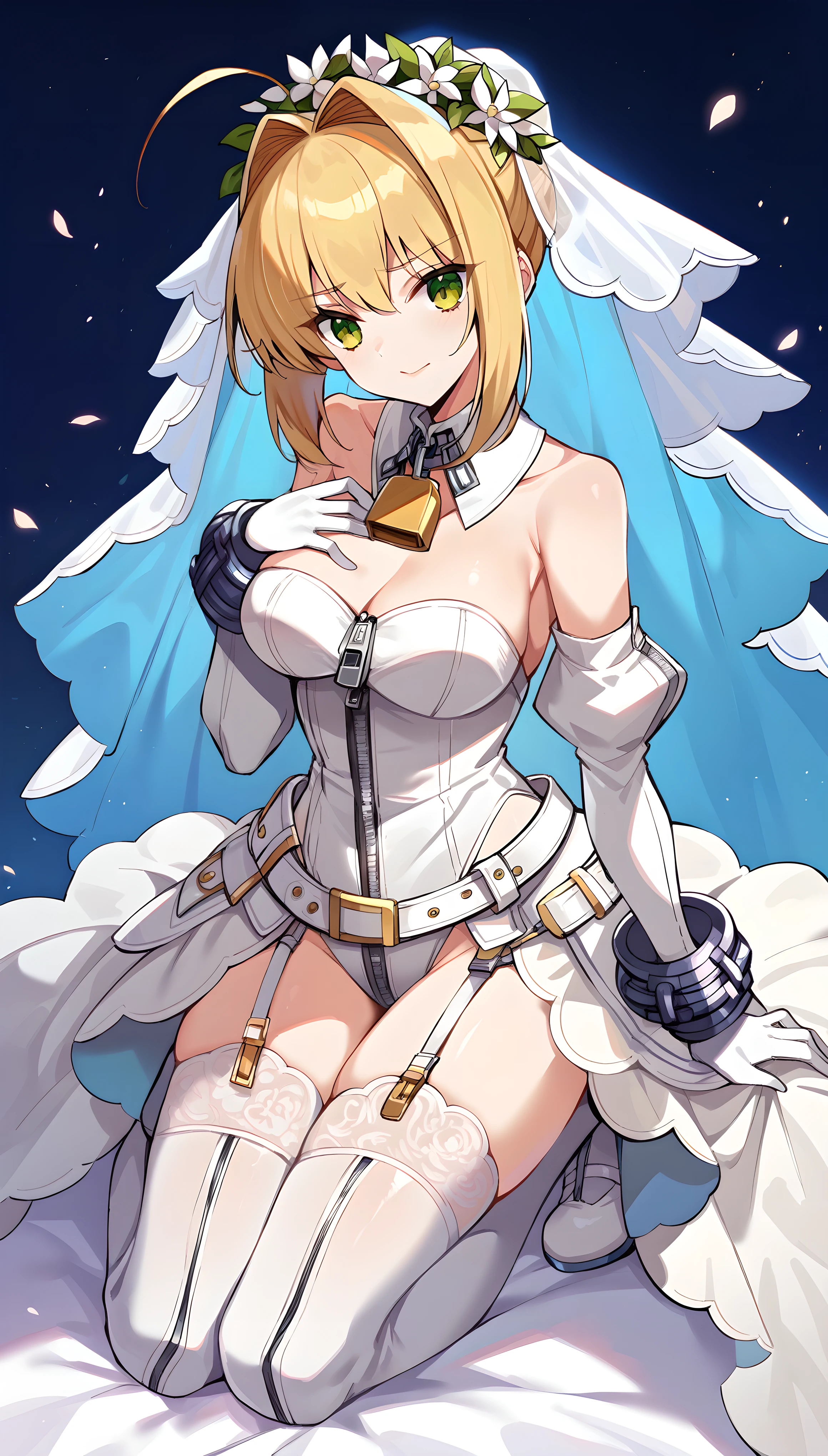 score_9, score_8_up, score_7_up, score_6_up, source anime,nero claudius \(bride\) \(fate\), nero claudius \(bride\) \(second ascension\) \(fate\), 1girl,masterpiece, best quality, highres, aanero, ahoge, head wreath. bridal veil, green eyes, detached collar, chain, padlock, bare shoulders, strapless, white leotard, white dress, zipper, detached sleeves, white gloves, white belt, garter straps, white thighhighs, garter belt, kneeling, hand on own chest,