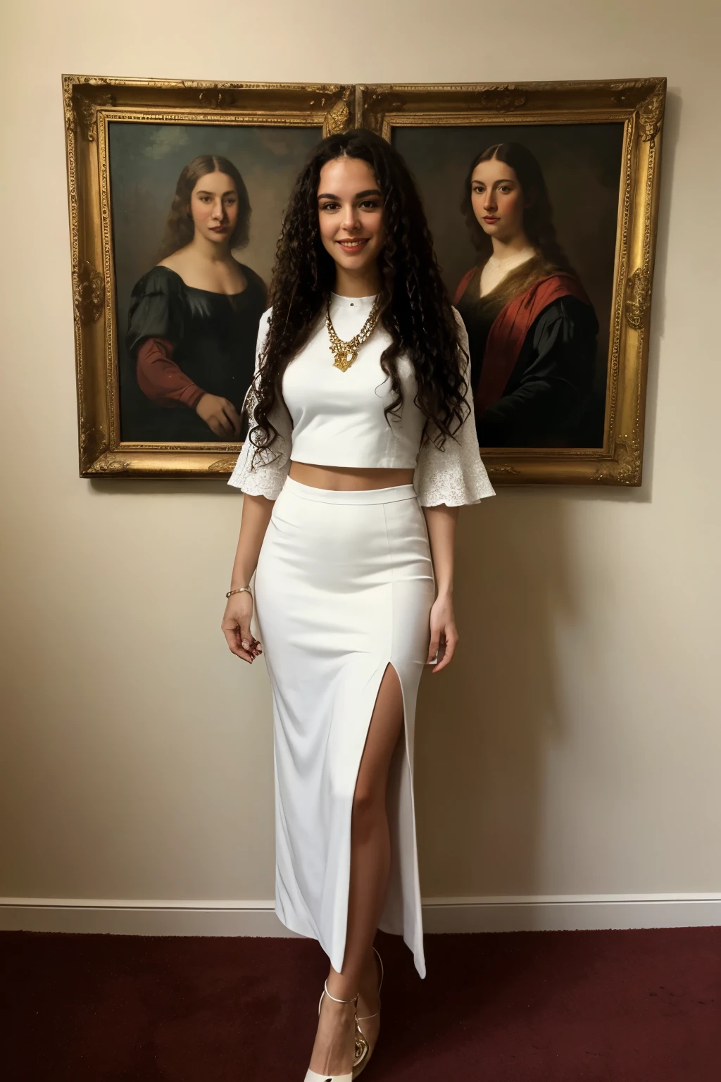 ((best quality)), ((masterpiece)), full body picture of white woman with long curly brown hair